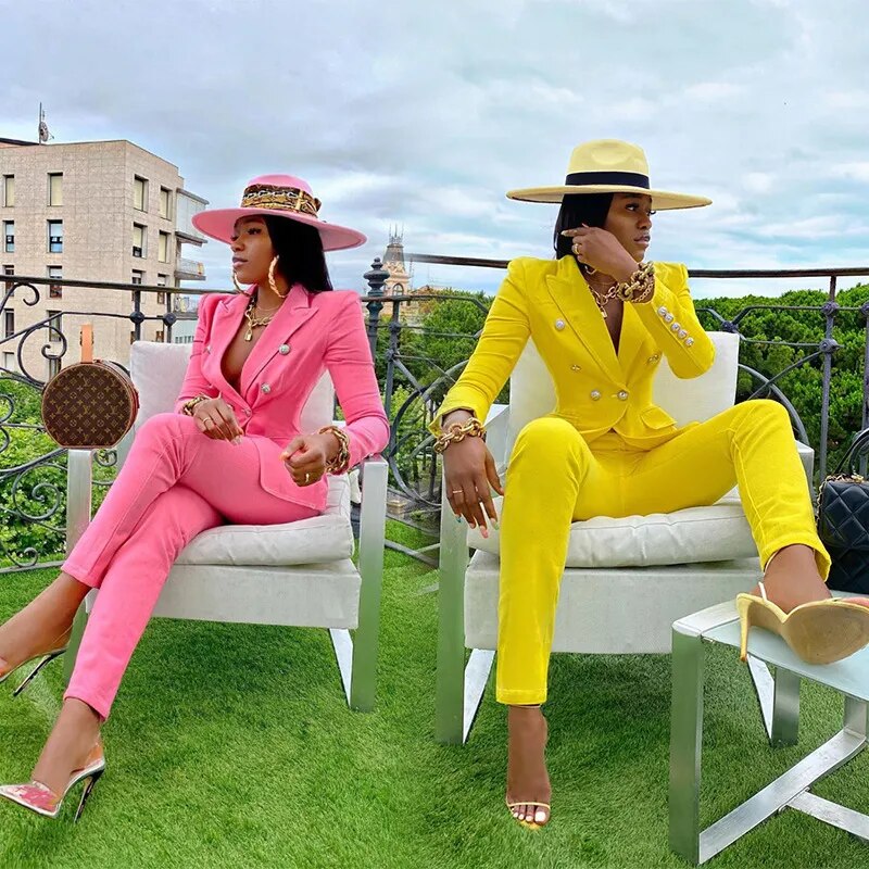 Spring Office Ladies Women's Pantsuit Double-Breasted Button Tops Casual Slim Caual Blazer and Pants Suits Set For Women