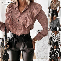 Dot Print Ruffle Blouse Shirt Autumn Winter Long Sleeve Elegant Office Lady V-Neck Button Tops Blusa Women Shirts Casual Leopard