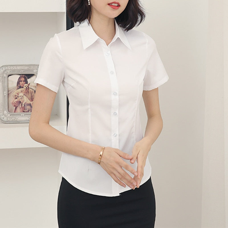 Fashion Woman Blouses 2023 V-neck Short Sleeve Solid Work Shirts White /M