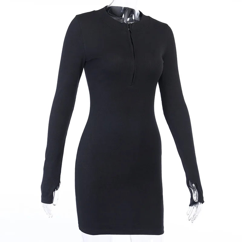 Women's Elegant Slim Dress 2023 Fashion Half-Zip Long Sleeve Ribbed Knitted Bodycon Mini Dress Fall Solid Club Party Dress