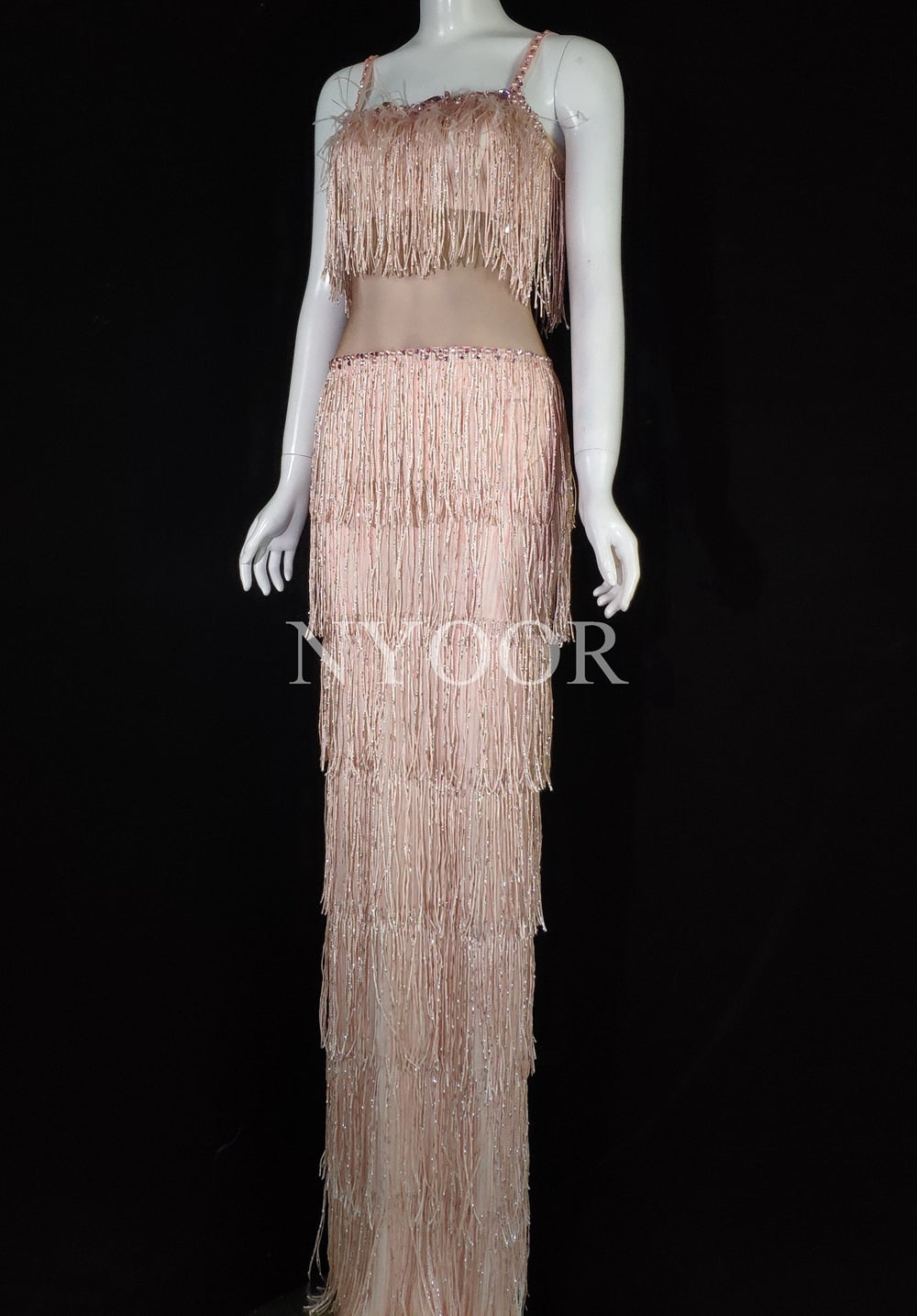 New Pink Tassel Sleeveless Long Dress Women Prom Wedding Party Birthday Dress Fringes Rhinestones Bodycon Dance Costume