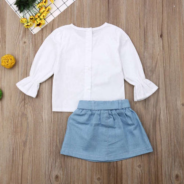 1-5 Year Kid Clothes Set Baby Girls White Long Sleeve Ruffles T Shirts +Girl Denim A-Line Skirt Kids Outfit Sets Spring Autumn