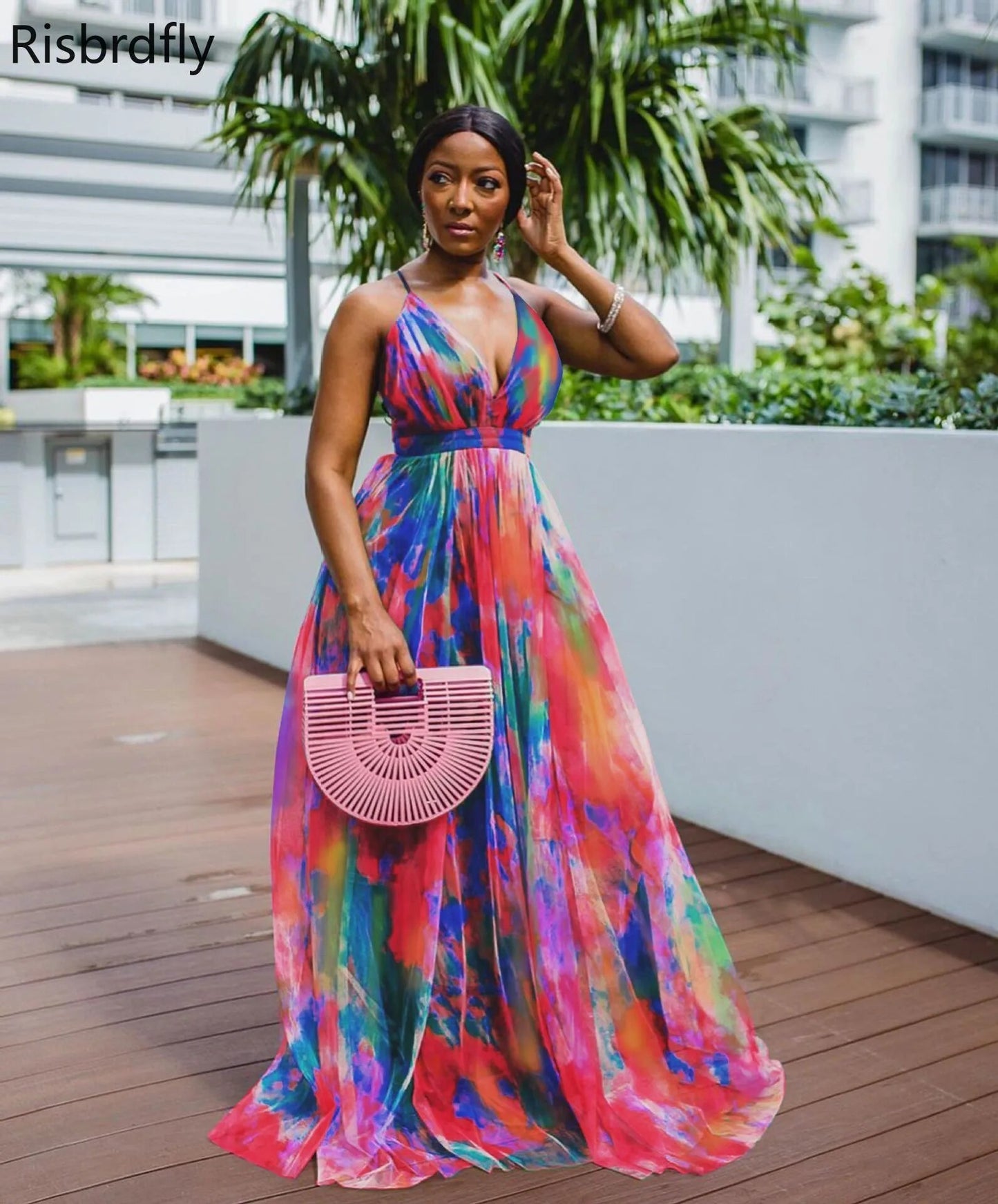 Polyester Summer  African Women V-neck Sleeveless Printing Long Dress African Dresses for Women Plus Size Clothing for Women