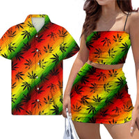 Fashion Jamaica Leaf Print Couple Clothes Sexy Backless Top Short Dress Suit Match Men Beach Shirt Reggae Style Couple Costume