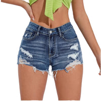 New Arrival Women's High-Elastic Blue Denim Shorts Breathable Holes Cut Washed Technique Summer Casual Rhinestone Waist