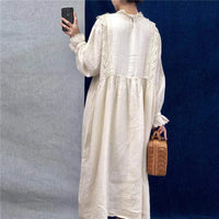 Johnature New Vintage Cotton Linen Embroidery Hollow Out Women Dresses 2023 Summer  Solid Color Ruffles Dress