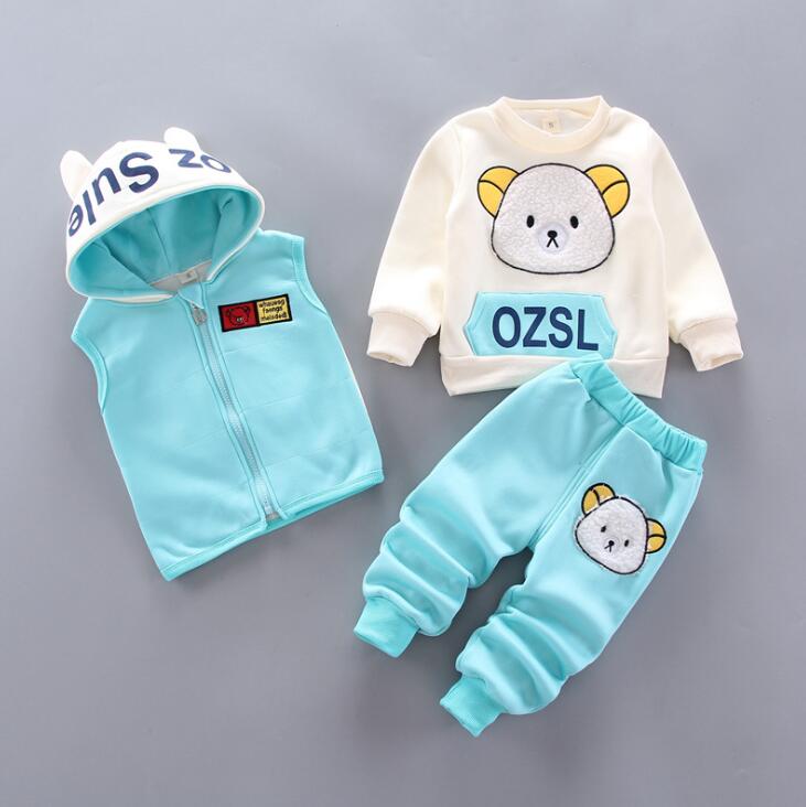 Baby Boys And Girls Clothing Set Tricken Fleece Children Hooded Outerwear Tops Pants 3PCS Outfits