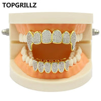 TOPGRILLZ New Fit Silver Plated CZ Micro Pave Top & Bottom GRILL SET Rhodium Teeth Grills Vampire Tooth Grillz
