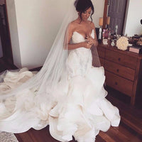 Sexy Ruffles Mermaid Wedding Dresses Lace Appliques Ruched Long Bridal Gowns Plus Size Sweetheart Wedding Gowns Robe De Mariee