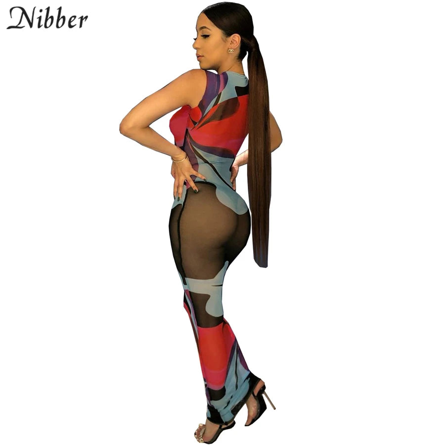 Nibber sexy mesh Patchwork design long bodycon dresses women summer club party night wear black  see-through Maxi dresses female