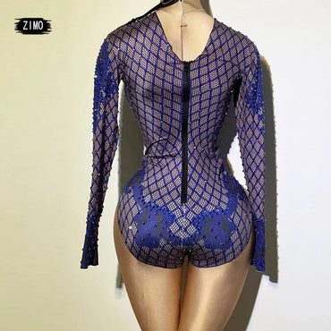 Sexy Blue Print Rhinestone Dancer Bodysuit Women Long Sleeve Elastic Crystal Jumpsuit Leotard Showgirl Leotard bar Stage Costume