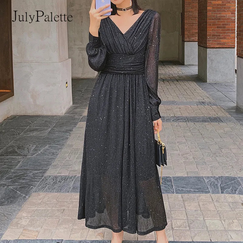 Sexy V neck Women Long Sleeve Dress Glitter Elegant Ladies Pleated Slim Maxi Dress Evening Party Female Long Dress Vestidos