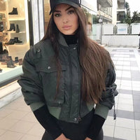 2020 stylish lady autumn winter green short jackets  zipper bomber jacket outwear