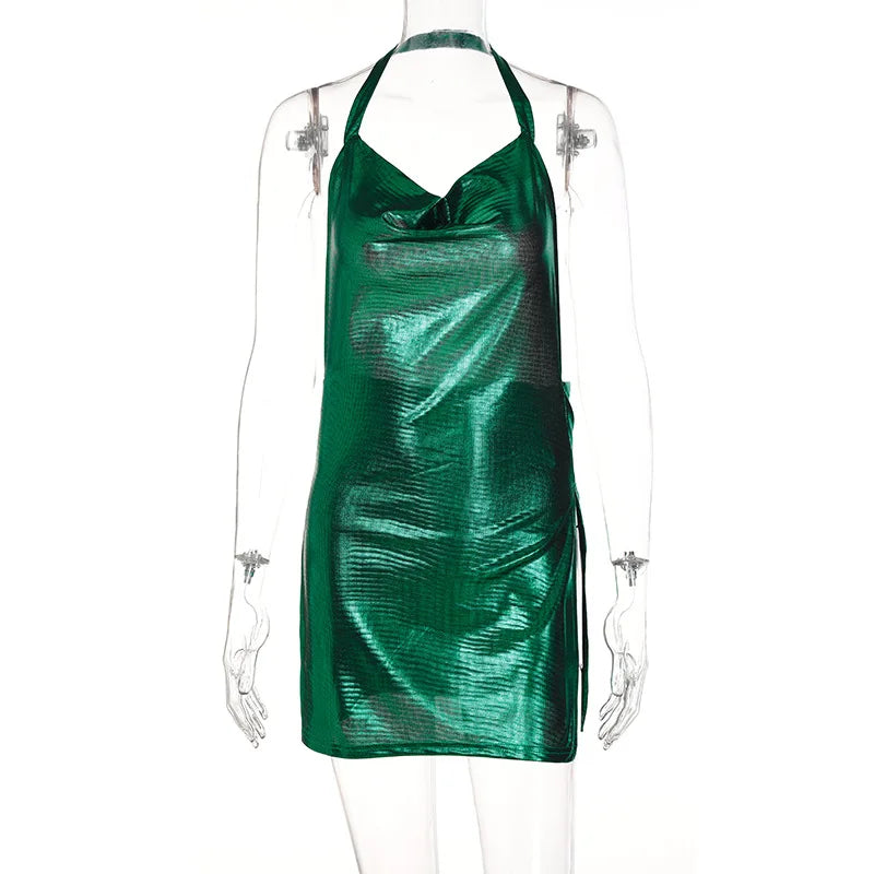 Wholesale Fashion Halter Shiny Bodycon Dress Backless Casual Club Mini Slit Dresses Women