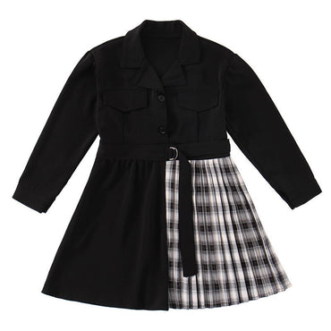 Kids Blazer Dress 2023 Girl Formal Black Blazer Dress Suit Jacket Female Fashion Children's Stitching Plaid Blazer Party Costume