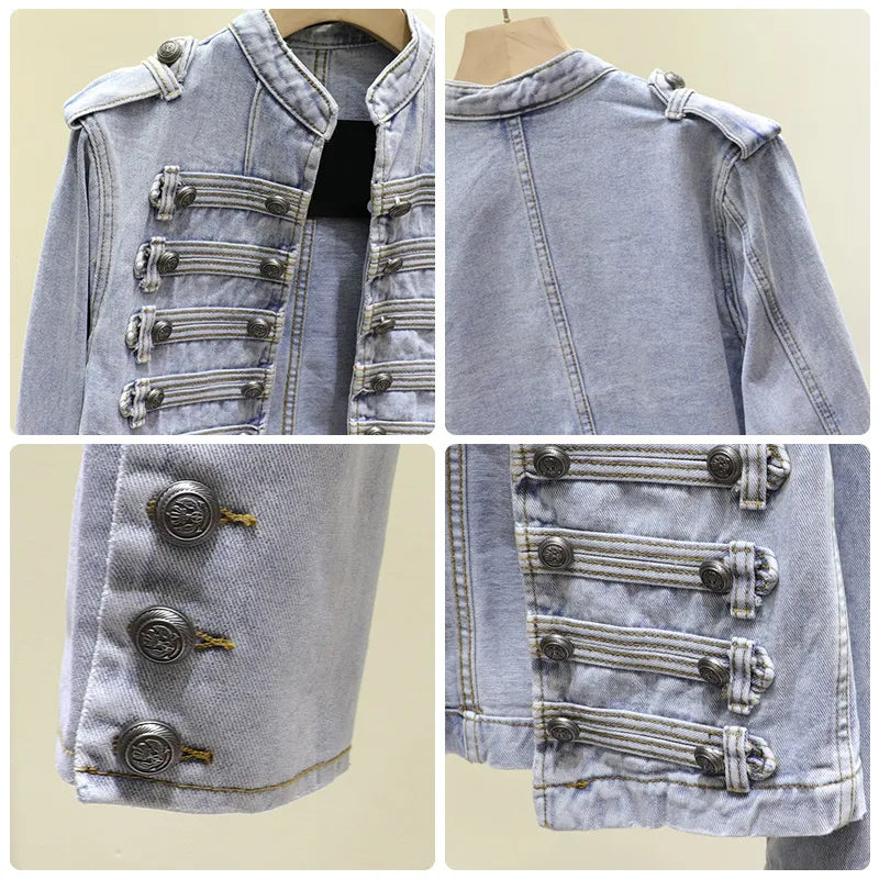 Retro Military Style Handsome Stand Collar Denim Jackets Female Double-breasted Wild Slim Short Denim Jackets Women Outerwear