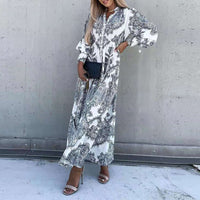 Elegant Deep V Neck Printing Hem Maxi Dresses Women Casual Button Elastic Waist Long Party Dress Summer Loose Slit Beach Dress