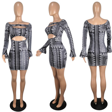 2021 Spring Sexy Women Clothing Hollow Out Bandana Flared Sleeves Slash Neck Printed Mini Club Dresses Lady
