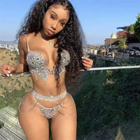 Silver Diamond Bikini 2-Piece Set Model Catwalk Club Bar Party Show Costume DJ Singer Dancer Bra Shorts Pole Dancing Stage Wear