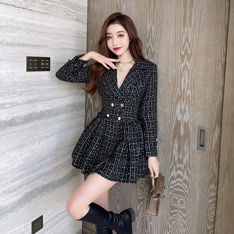 New Women&#39;s Elegant Tweed Temperament Suit High Waist Slim Pleated Dress