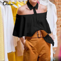 Women's Sexy Blouse 2023 Celmia Party Cold Shoulder Halter Women Shirt Ruffles Solid Office Casual Top Autumn Buttons Blusas