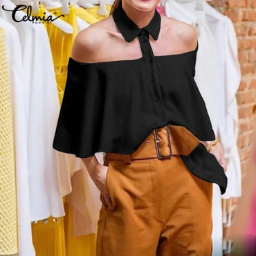 Women's Sexy Blouse 2023 Celmia Party Cold Shoulder Halter Women Shirt Ruffles Solid Office Casual Top Autumn Buttons Blusas