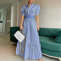 Vintage Puff Sleeve Women Party Maxi Dress Elegant Striped Office Lady Long Dresses Fashion Turn-down Collar Button Shirt Dress