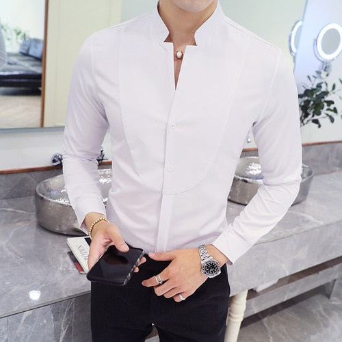 New Men Business Shirts Black/White Fashion Elegant Male Stand Collar Long Sleeve Tops Homme Wedding Party Dresses