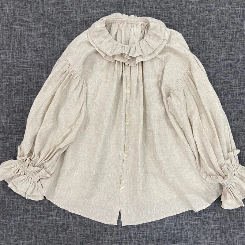 Johnature 2023 Autumn New Women Loose Tops And Blouses Vintage Linen Solid Color Ruffles Collar 4 Colors Female Shirts