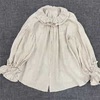 Johnature 2023 Autumn New Women Loose Tops And Blouses Vintage Linen Solid Color Ruffles Collar 4 Colors Female Shirts