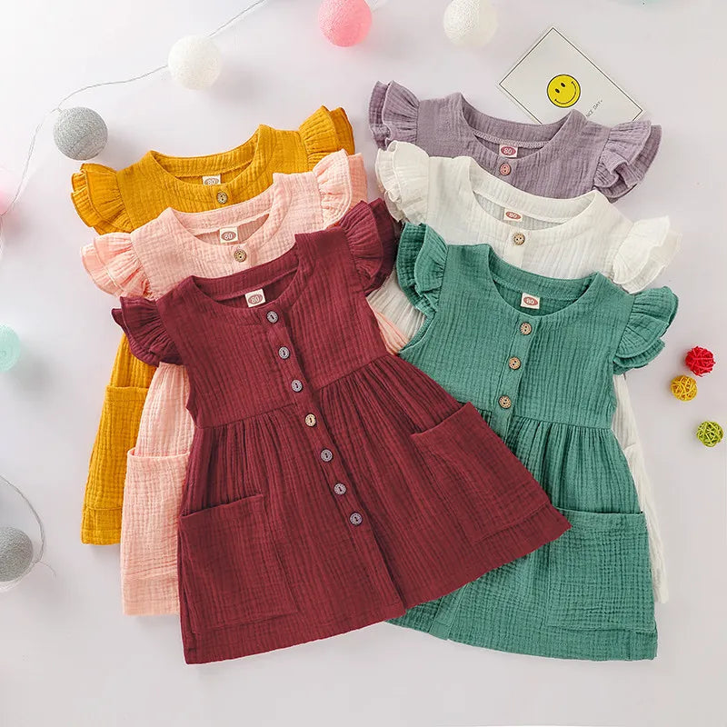 Toddler Kid Baby Girl Summer Dress Ruffles Sleeves Cotton Linen Party Children Girls Casual Button Pocket Dress Sundress Clothes