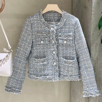 High Quality Korean Vintage Tweed Jacket Coat Women Autumn Single Breasted Plaid Tassel Slim Woolen Jackets Office Lady Outwear