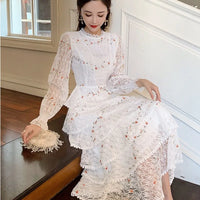 Summer Lace Flower Embroidery Long Cake Dress Women A-Line Long Sleeve Six Layers Ruffles Dress Runway Elegant Party Dress A383