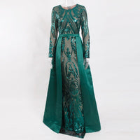 Green Sequined O Neck Full Sleeved Evening Party Dress Stretchy Floor Length Ball Gown with Detachable Train Burgundy