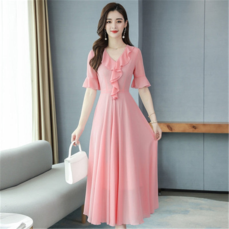 Chiffon dress 2020 Korean summer new fashion V-neck flared sleeves Slim was thin temperament big swing dress