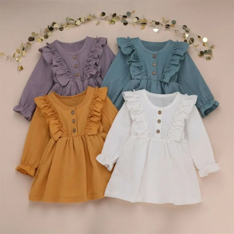 Autumn Girls Dress 2020 Toddler Baby Kid Girls Solid Ruffles Button Dress Casual Clothes Vestido infantil Princess girls clothes