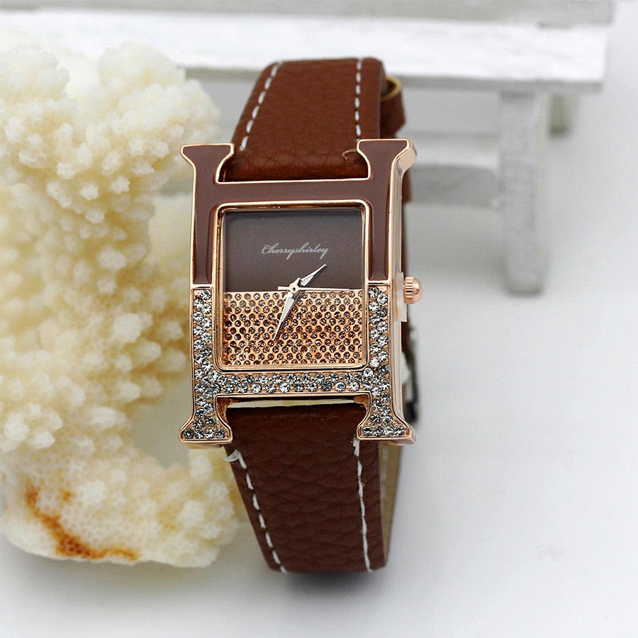 Casual Female Square Shaped WristWatch Leather Paint Rhinestone Designer Ladies Clock Women Dress Luxury Quartz Crystal Watch