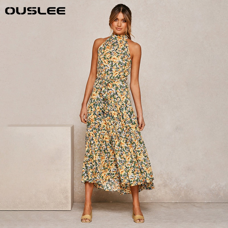 OUSLEE Summer Casual Long Dress Boho Style Halter Polka Dot Dresses Women Elegant Party Print Maxi Dresses Ladies Vestidos Mujer