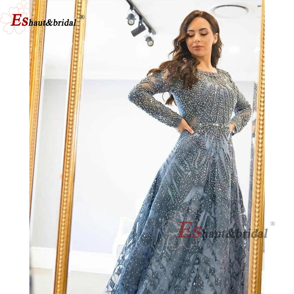 2023 Dubai O-Neck Crystal Handmade Evening Night Dress for Women Long Sleeves Lace Luxury A-Line Formal Wedding Prom Party Gowns