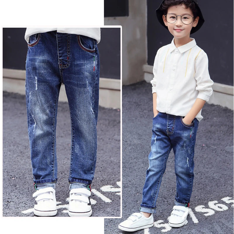 IENENS Fashion Jeans For Kids Boys Denim Long Pants Spring Autumn Slim Jeans Young Boy Cowboy Trousers Elastic Waist Pants
