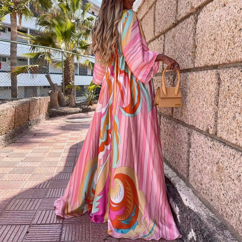 Elegant Deep V Neck Printing Hem Maxi Dresses Women Casual Button Elastic Waist Long Party Dress Summer Loose Slit Beach Dress