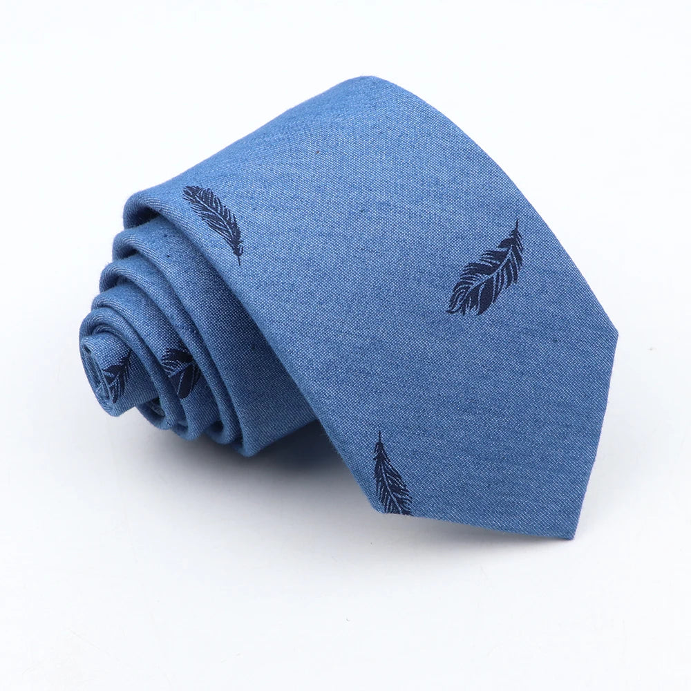 New Cotton Denim Ties For Men 7CM Floral Feather Dot Blue Neck Tie For Wedding Party Casual Print Slim Neckties Daily Wear Gift