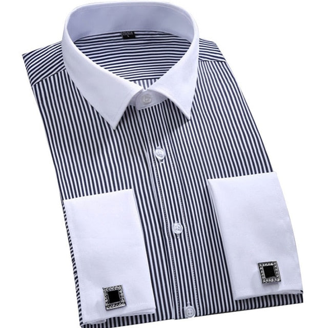 Men&#39;s Classic French Cuffs Striped Dress Shirt Single Patch Pocket Standard-fit Long Sleeve Wedding Shirts (Cufflink Included)