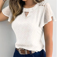 Women Ruffles Short Sleeve T-Shirt Summer Fashion Casual Flower Embroidery Cutout Mesh Sheer Tops Slim Vintage Pullover Tee