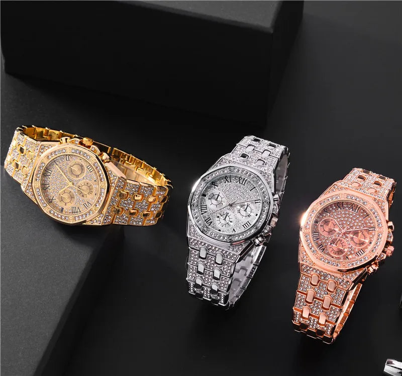 Men Iced Out Watches Luxury Full Diamond Gold Stainless Steel Quartz Wristwatches Clock Gift Relogio Masculino