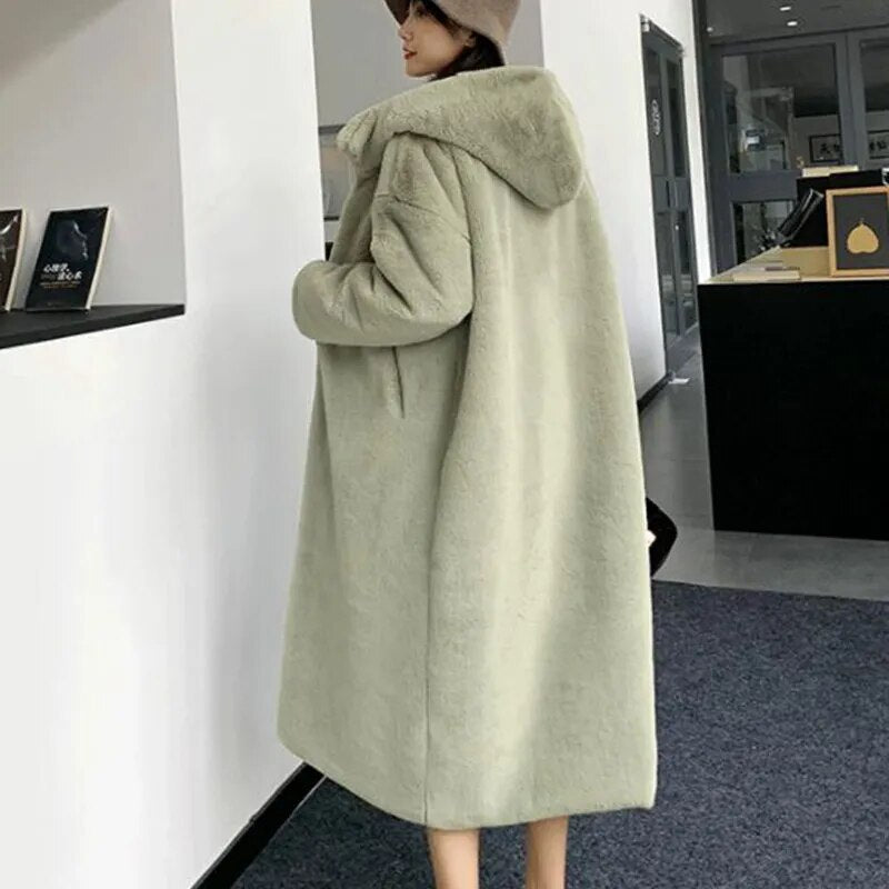 Winter Women High Quality Faux Rabbit Fur Coat Luxury Long Fur Coat Loose Lapel OverCoat Thick Warm Plus Size Female Plush Coats