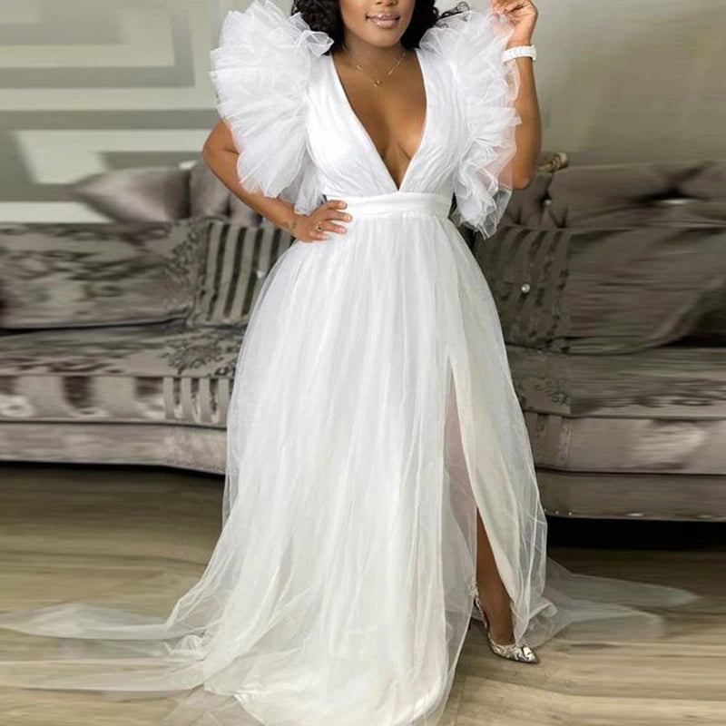 Cute Pink White Ruffles Tulle Ball Gowns for To Birthday Long Party Dresses Sexy Deep V Neck Puff Sleeve Maxi Dress Cute Pink White Ruffles Tulle Ball Gowns for To Birthday Long Party Dresses Sexy Deep V Neck Puff Sleeve Maxi Dress