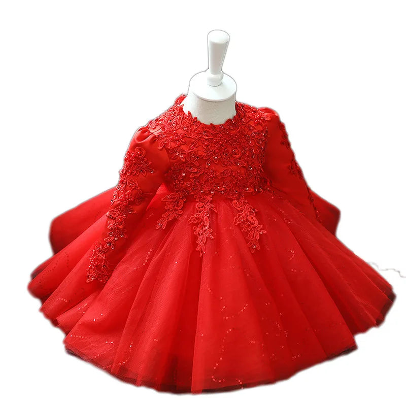 Red Toddler Girl Wedding Dress Long Sleeve Newborn Girls Christmas Princess Gown Beads Lace Infant Kid's 1 Year Birthday Baptism