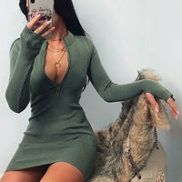 Sexy Zipper Bodycon Dress Elegant Long Sleeve Finger Hole Knitting Mini Dress Vintage Harajuku Sweater Dress Casual Clubwear