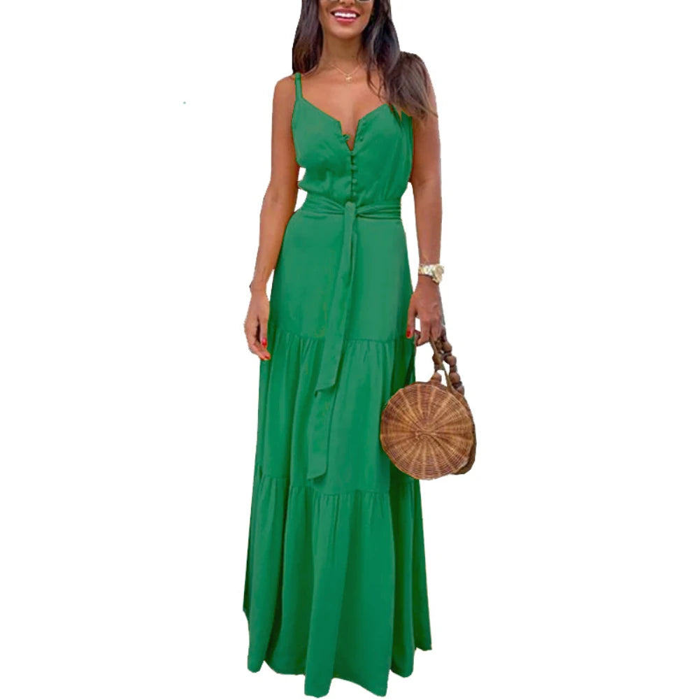 dress Sexy Women Maxi Dress Bohemian Sleeveless Dresses Women V-neck Solid Sleeveless Belted Maxi dresses for women